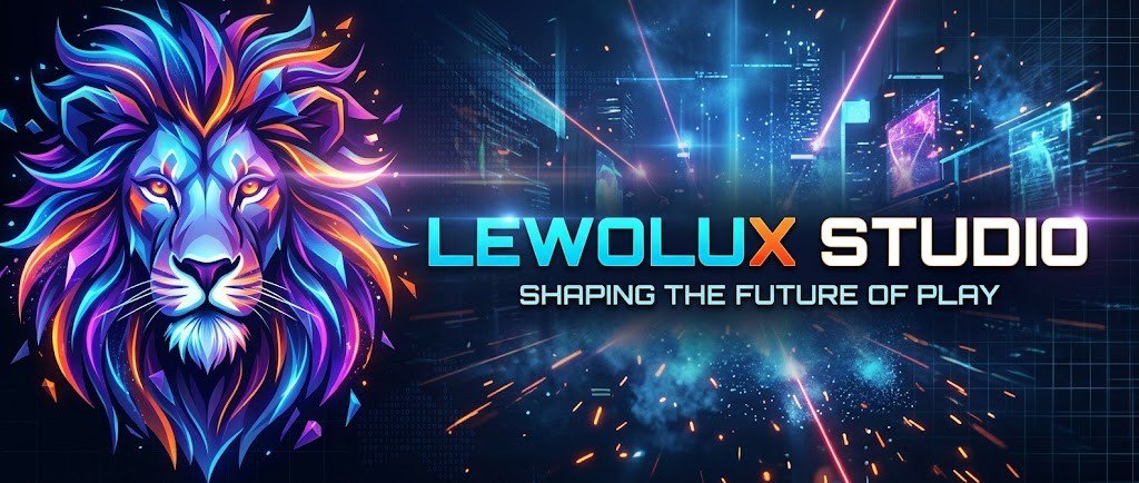 Lewolux Studio Key Art: leuchtender Neon-Löwe vor einer futuristischen Stadt – Shaping the Future of Play